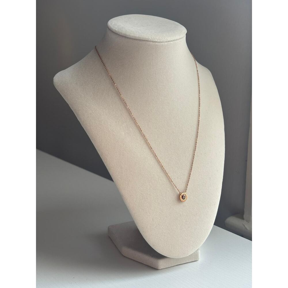 Rose Gold Circle Pendant Necklace Crystal Dainty Minimalist Jewelry - Picture 3 of 6